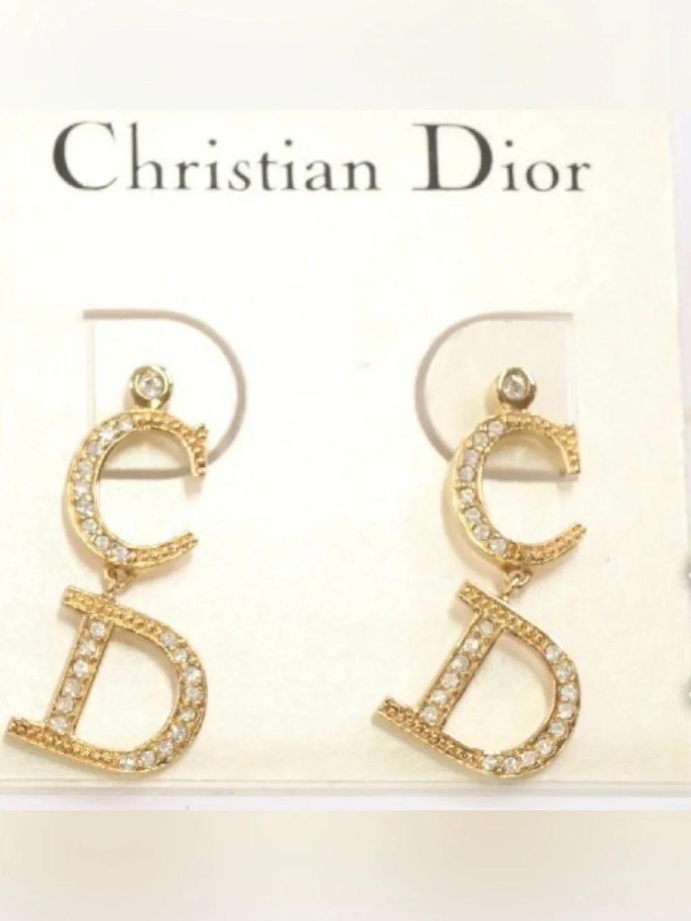 Dior Gold Crystal 'CD' Letter Drop Earrings
